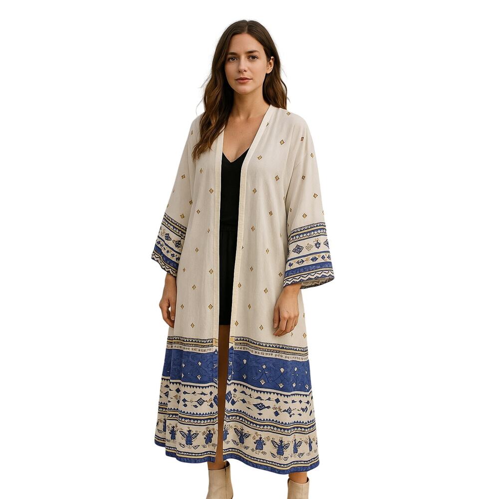 White Blue Bohemian Kimono boho southwest design eagle bird phoenix OS longline